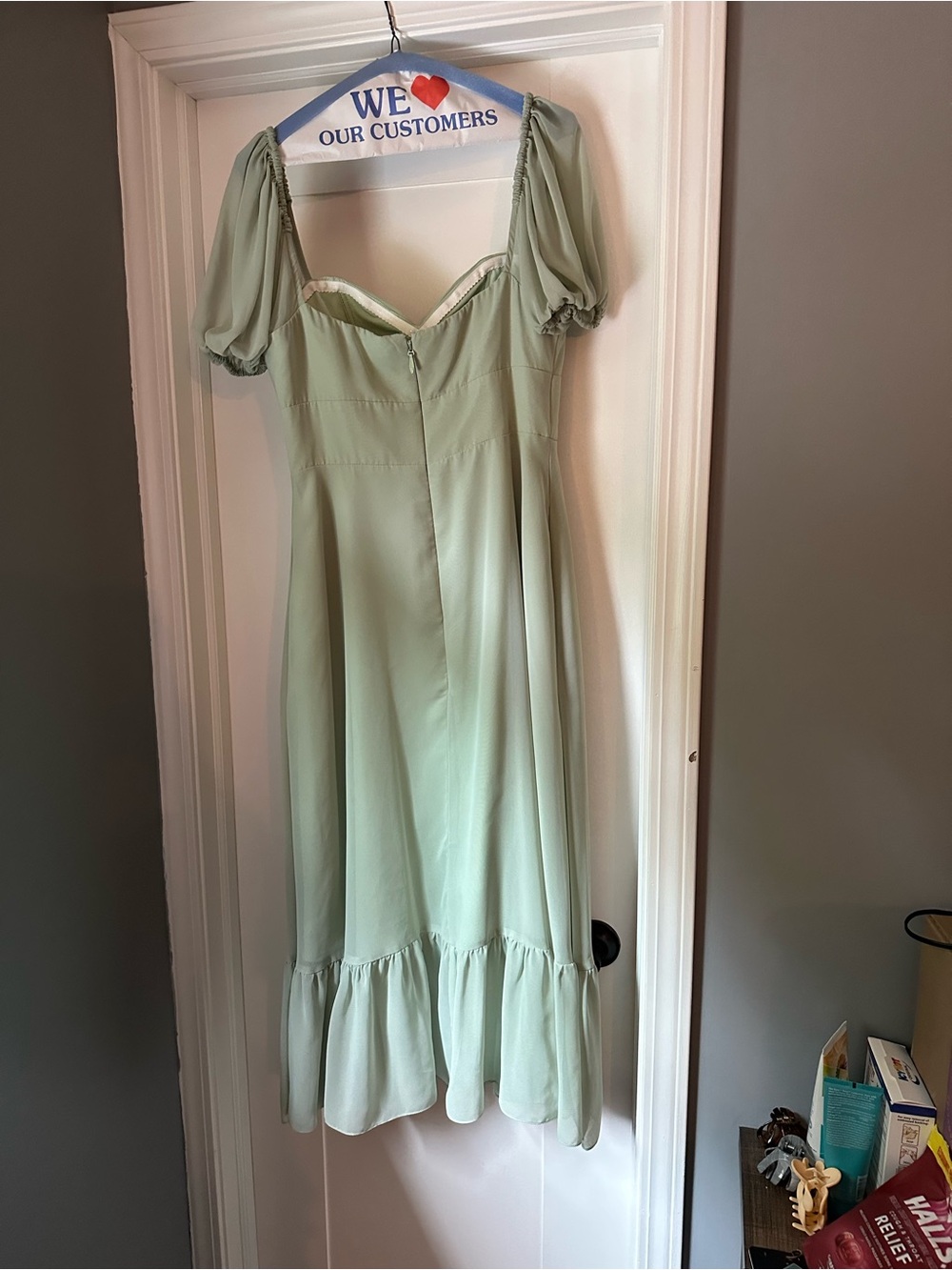 Azazie Dusty Sage A-Line Chiffon Midi Dress - Picture 3 of 5